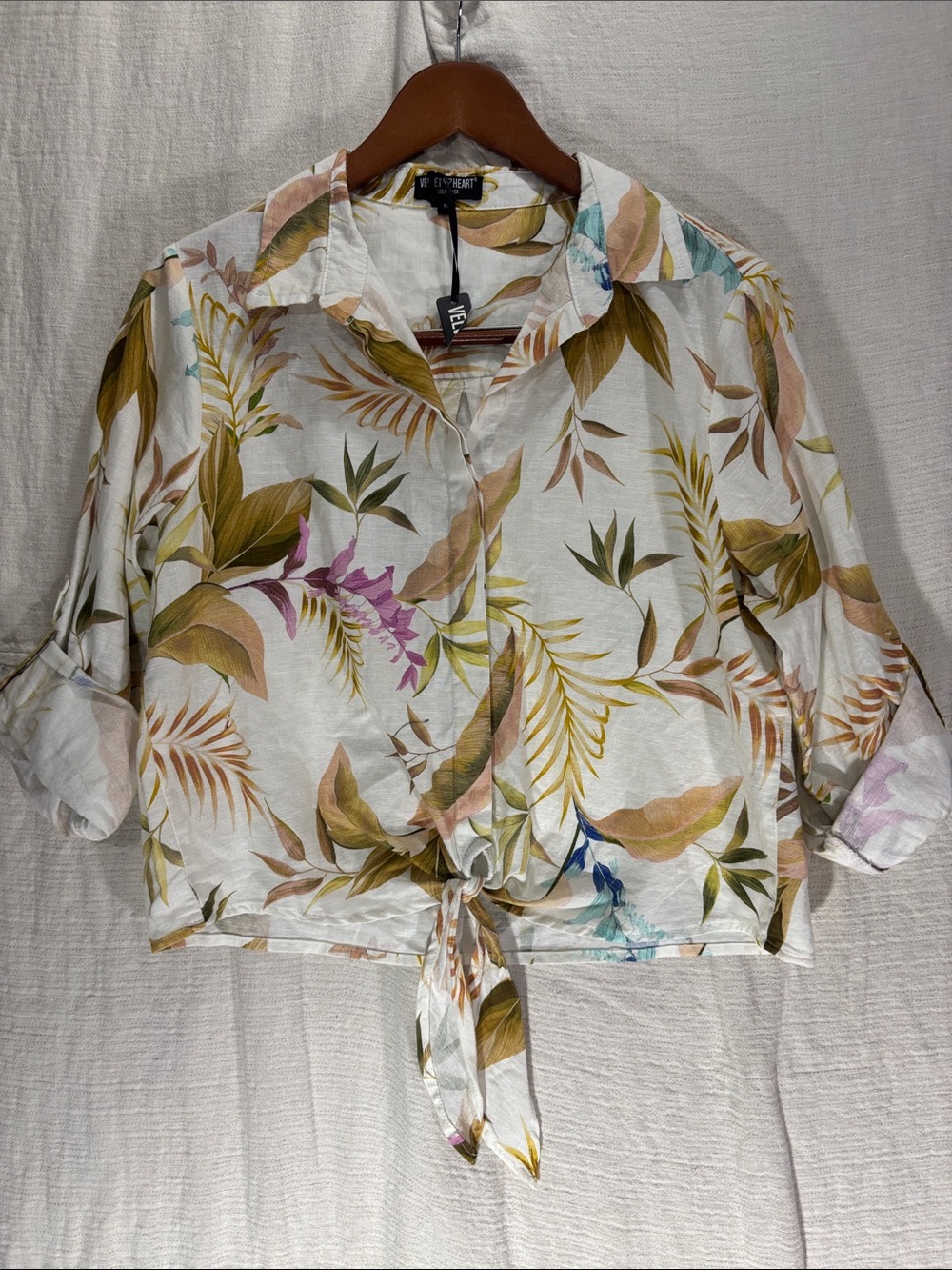 Velvet Heart 100% Linen Tropical Tie-Front Crop Button Down Shirt Medium